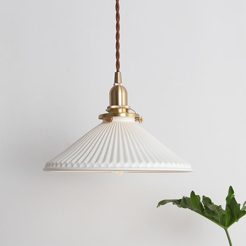 White Ceramic Pendant Light with Ribbed Shade