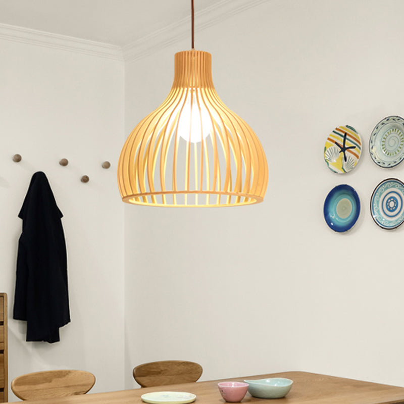 Asian Bamboo Pendant Light with Flared/Hemisphere/Onion Design - 1-Light Beige Hanging Fixture for Dining Room