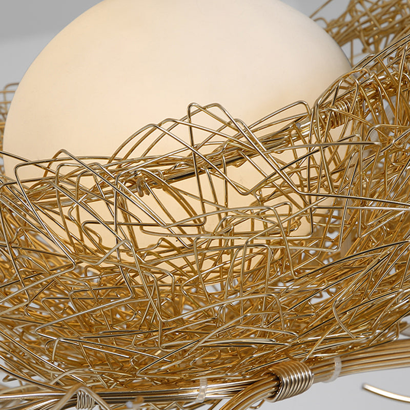 Gold Pendant Light with Milk-White Glass Globe and Birds
