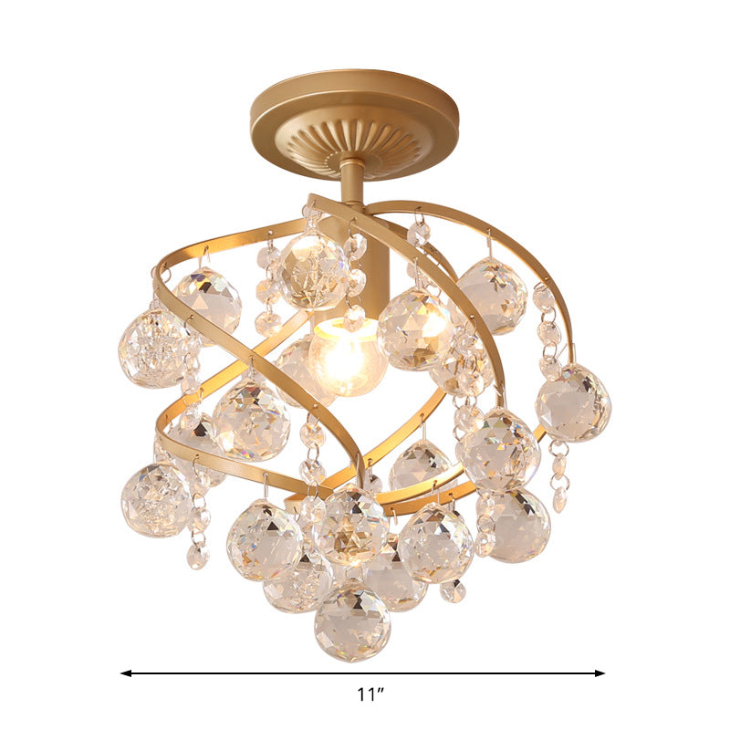 Crystal Globe Spiral Semi-Flush Ceiling Light - Postmodern 1-Light Brass Fixture