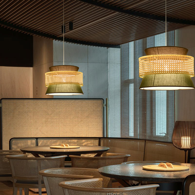Tiered Rattan Pendant Light - Simple Single Black / Green Hanging Fixture