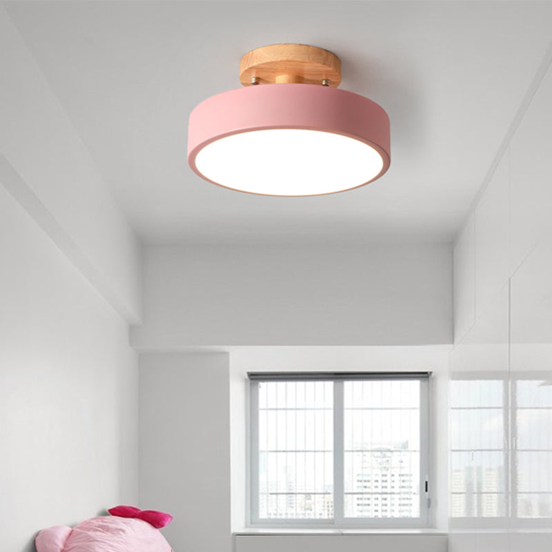 LED Ceiling Light - Simple Wood Semi Flush Mount with Round Acrylic Shade