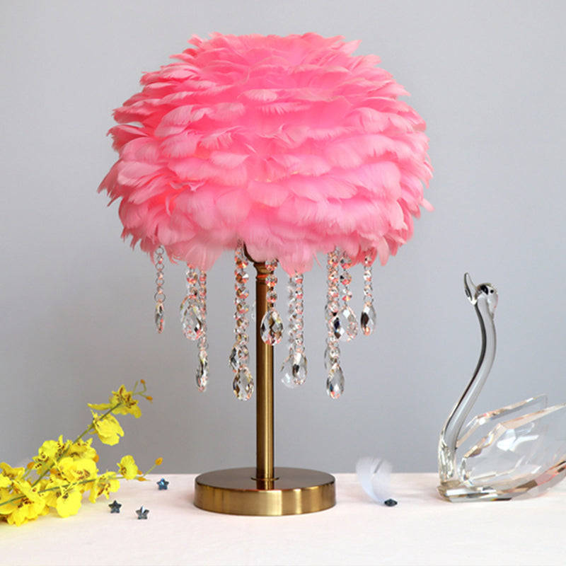 Romantic Dome Lamp - Modern Feather 1-Light Bedside Lamp with Crystal Decor