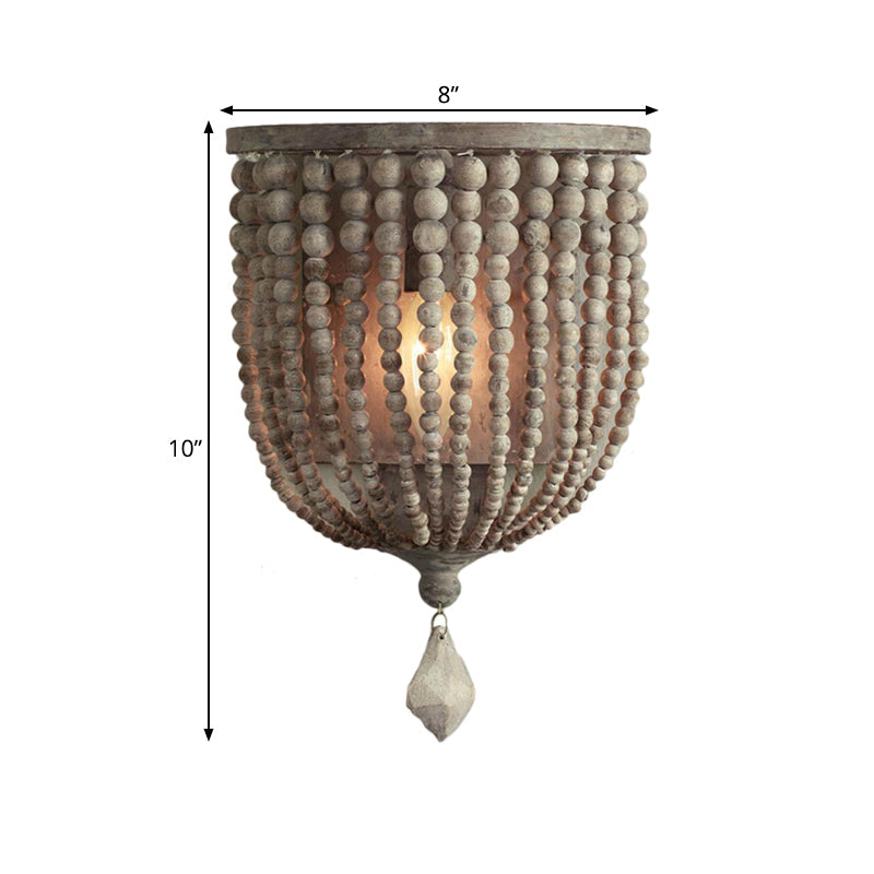 Rustic Beaded Lamp - Wooden Wall Light with Grey Beads for Living Room