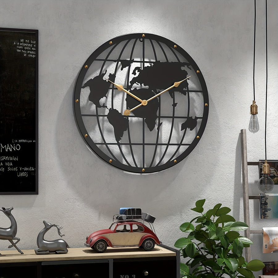 World Map Wall Clock – Silent 40cm Metal Clock with Gold Numerals