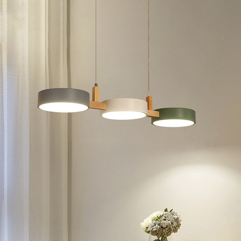 Modern Wooden Arm Pendant Light with Multicolor Cylinders - 3 LED Heads