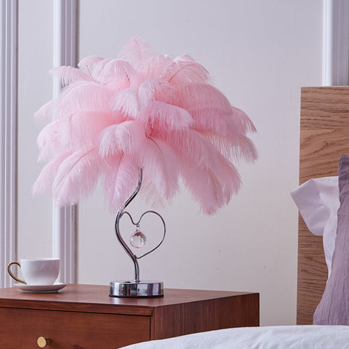 Palm Tree Feather LED Table Lamp - Romantic Pink/White Night Light with K9 Crystal Drop