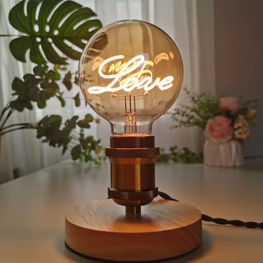 RetroLED – Vintage Table Lamp with Wooden Base and LED Lamp with Inscription