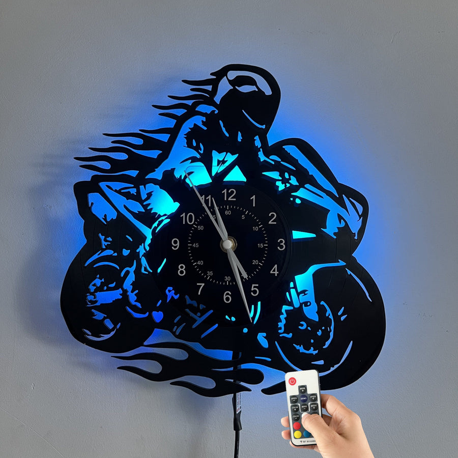 Vinyl Record Wall Clock – Motorbike Theme, Silent, for Living Room & Office