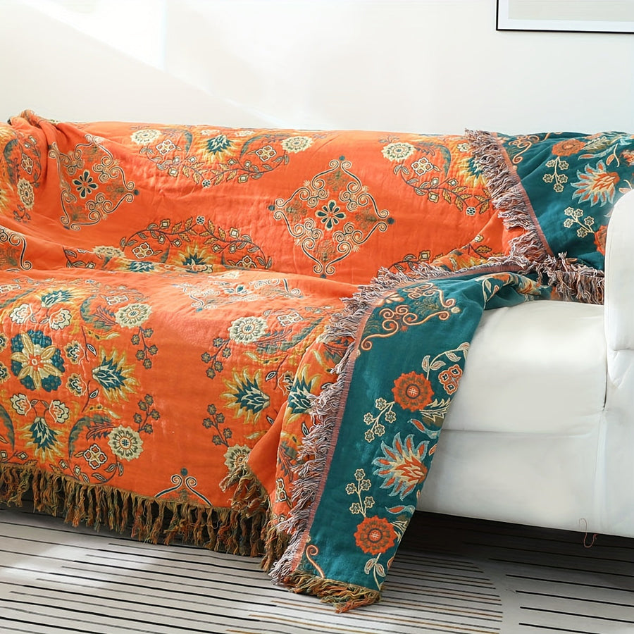 Floral Sofa Throw Blanket with Tassels – Cotton Vintage Floral Pattern, for Sofa, Air Conditioning & Napping