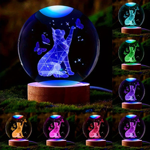 CrystalGlow - 3D Cat & Butterfly Crystal Ball Night Light with Wooden Base