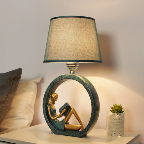 Modern Girl Reading Lamp - Resin Night Light 1-Light Table Lamp with Blue Fabric Shade