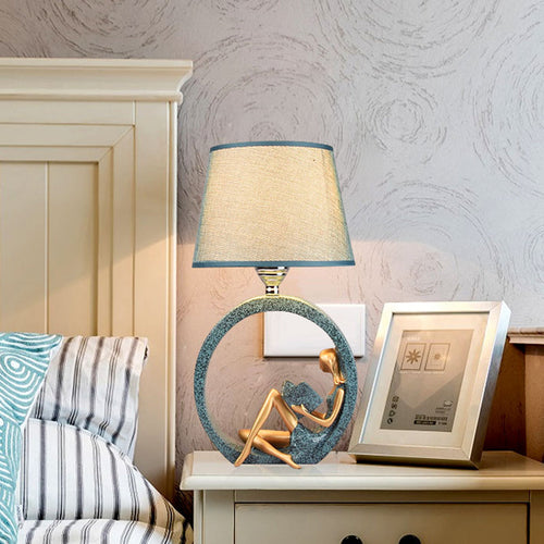 Modern Girl Reading Lamp - Resin Night Light 1-Light Table Lamp with Blue Fabric Shade
