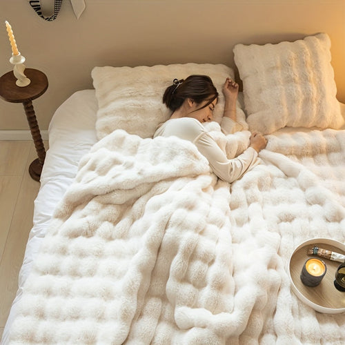 1pc Faux Rabbit Fur Bubble Fleece Blanket – Luxury Soft Sofa Blanket, Thick Warm Fleece Blanket for Napping & Air Conditioning