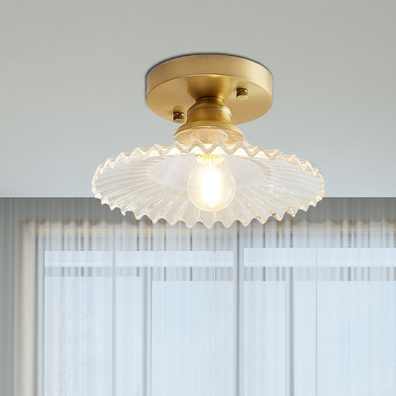 Industrial Semi-Flush Ceiling Light with Green Ribbed Glass Shade