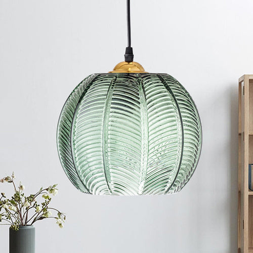 Retro Green Ribbed Glass Pendant Light