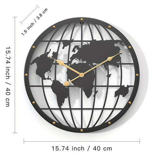 World Map Wall Clock – Silent 40cm Metal Clock with Gold Numerals