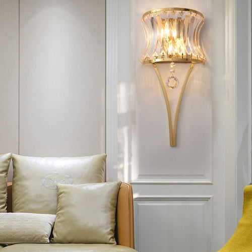 Vintage Drum Wall Light - Gold Wall Light with Clear Crystal Prism