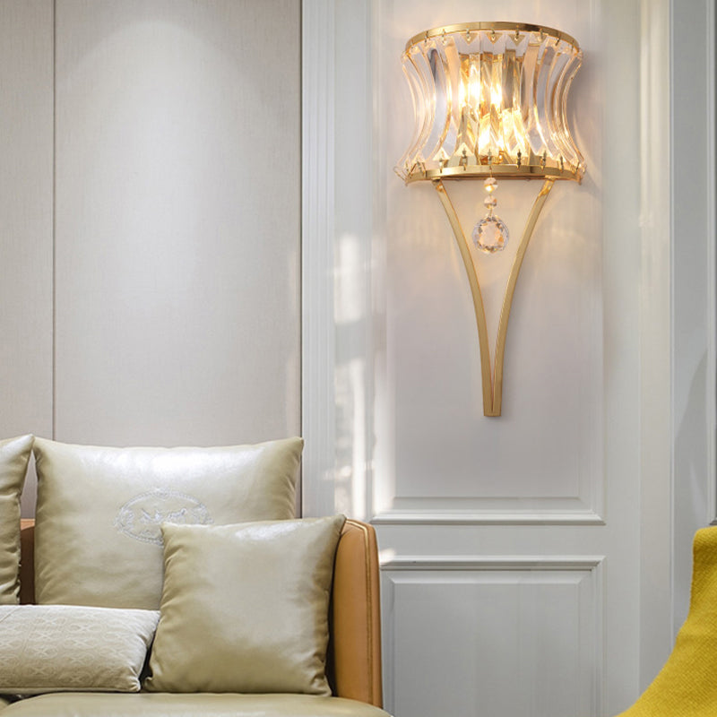 Vintage Drum Wall Light - Gold Wall Light with Clear Crystal Prism