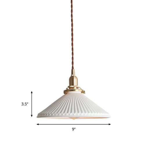 White Ceramic Pendant Light with Ribbed Shade