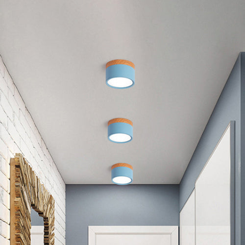 Small Macaron Metal Ceiling Light - Kitchen/Bar Flush Mount in Yellow/Blue/Black and Wood