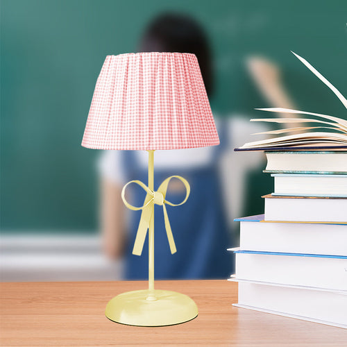 Pink Plaid Desk Lamp - Fabric Children's Lamp with Bow for Bedroom