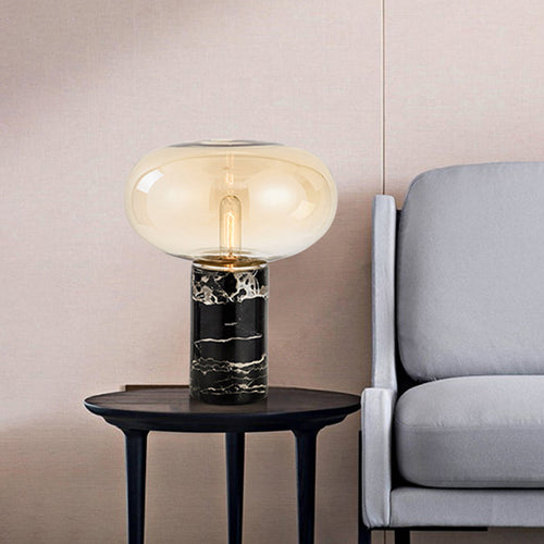 Postmodern Oval Night Light - Grey/Amber Glass Table Lamp with Black Marble Base