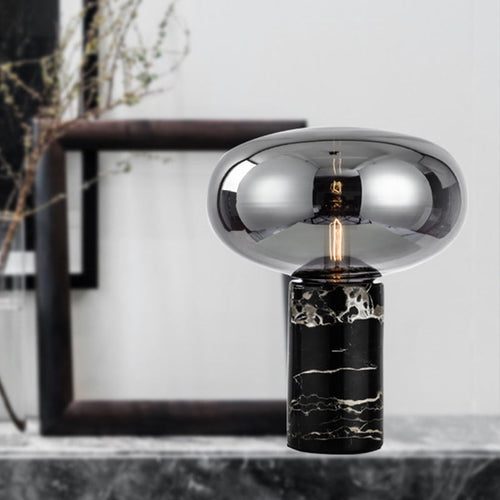 Postmodern Oval Night Light - Grey/Amber Glass Table Lamp with Black Marble Base