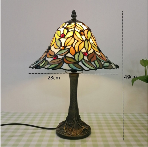 Tiffany Table Lamp - Antique Stained Glass with Leaf Design in Green