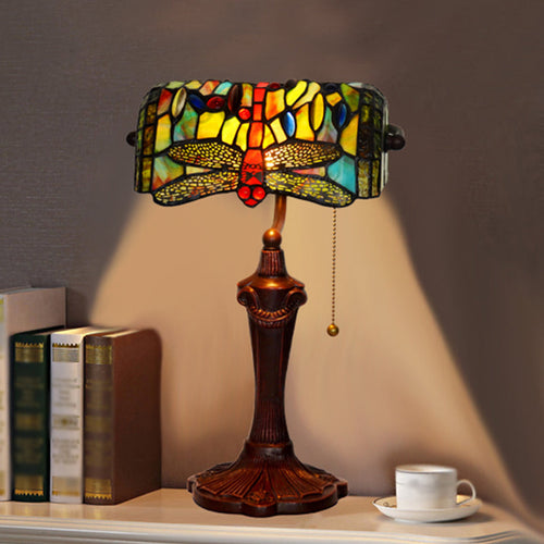 TiffanyDragonfly - Blue Victorian Stained Glass Banker Lamp