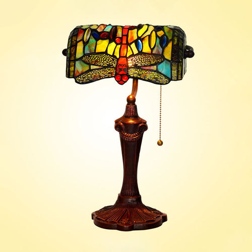 TiffanyDragonfly - Blue Victorian Stained Glass Banker Lamp