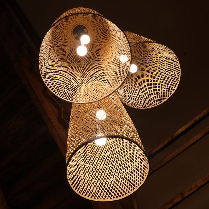 Elegant Bamboo Pendant Light - Asian 2-Light Wooden Triple Lamp for Living Room