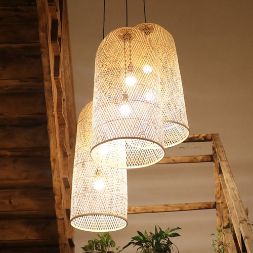 Elegant Bamboo Pendant Light - Asian 2-Light Wooden Triple Lamp for Living Room