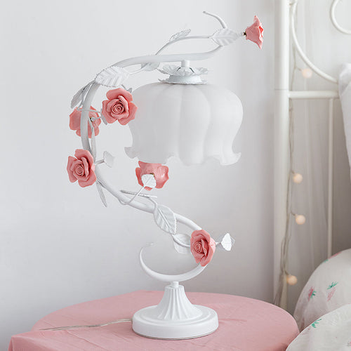 Pastoral Style Ceramic Rose Table Lamp - White Glass Nightstand Lighting with Elegant Rose Decorations