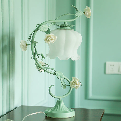 Rose Ceramic Nightstand Lamp - Pastoral 1-Light Living Room Table Lamp with Cream Glass Shade
