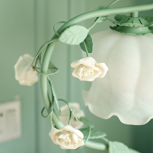 Rose Ceramic Nightstand Lamp - Pastoral 1-Light Living Room Table Lamp with Cream Glass Shade