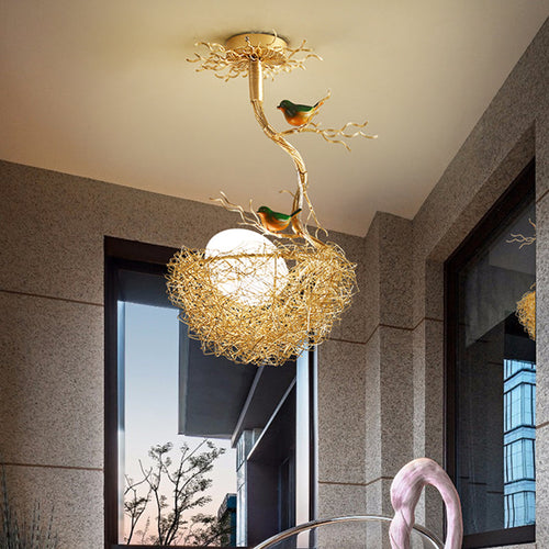Gold Pendant Light with Milk-White Glass Globe and Birds