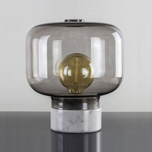 Smoked Glass Drum Table Lamp - Scandinavian Style Nightstand Lamp with Marble Base