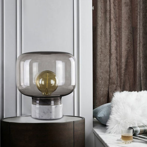 Smoked Glass Drum Table Lamp - Scandinavian Style Nightstand Lamp with Marble Base