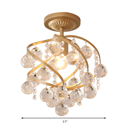 Crystal Globe Spiral Semi-Flush Ceiling Light - Postmodern 1-Light Brass Fixture