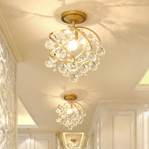 Crystal Globe Spiral Semi-Flush Ceiling Light - Postmodern 1-Light Brass Fixture