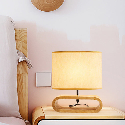 Nordic Wood Bedside Lamp - Elongated Wood Nightstand Lamp with Fabric Shade