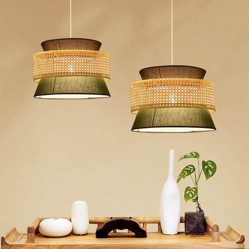 Tiered Rattan Pendant Light - Simple Single Black / Green Hanging Fixture
