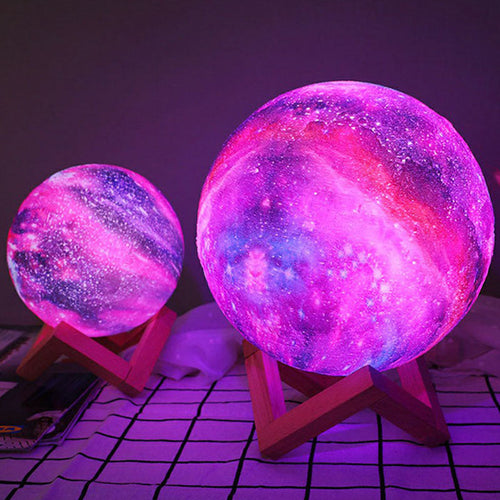 Purple Galaxy Spherical Night Light - LED Table Lamp with Wooden Base for Children