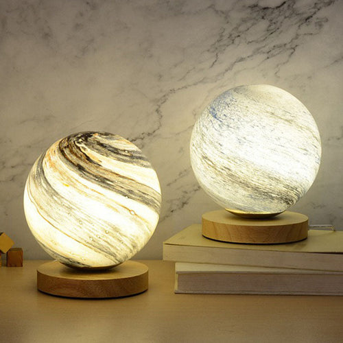 Glass Planet Mini Night Light - Postmodern Table Lamp with Wooden Base