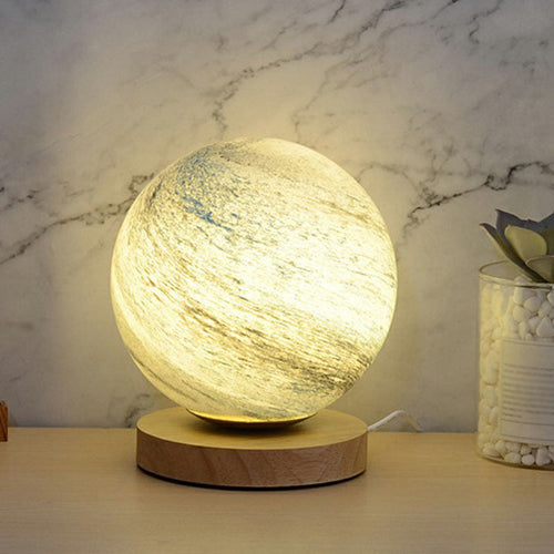 Glass Planet Mini Night Light - Postmodern Table Lamp with Wooden Base