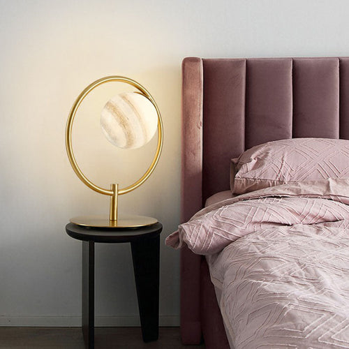 Planet Table Lamp - Gold-Colored Metal Ring with Glass Globe, Modern LED Night Light