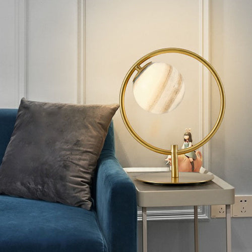 Planet Table Lamp - Gold-Colored Metal Ring with Glass Globe, Modern LED Night Light