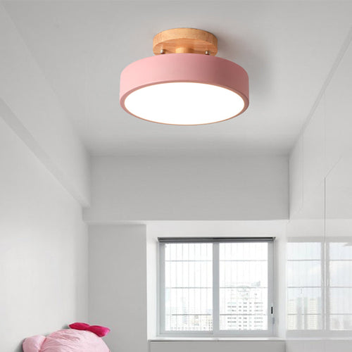 LED Ceiling Light - Simple Wood Semi Flush Mount with Round Acrylic Shade