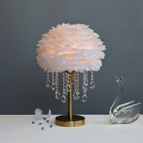 Romantic Dome Lamp - Modern Feather 1-Light Bedside Lamp with Crystal Decor
